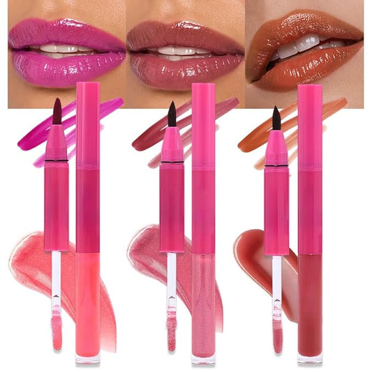 evpct ‌3Pcs Matte Liquid Lipstick Marker Pen Lip Liner Combo Set with Lip Oil, Mauve Hot Pink Red Brown 2 in 1 Lipgloss Tint Lipstick Long Lasting Waterproof for Women, Longwear Lips Stain 24 hours