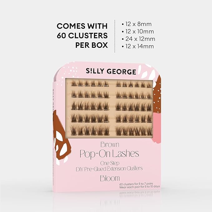 Silly George Pop-On Lashes - DIY 1-Step Pre-Glued Faux Eyelash Clusters, Natural Look Extensions, Light Brown - Bloom, 5-7 Pair Set, Pack of 60 Clusters