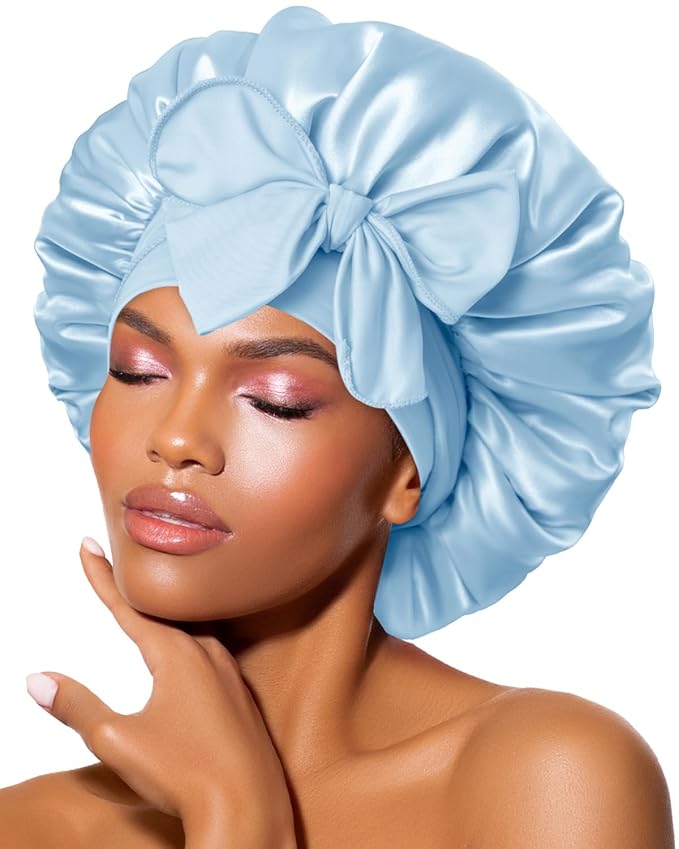 BONNET QUEEN Silk Satin Bonnet for Sleeping Women Adjustable for Curly Dryer Braid Wig Hair Tie Band Night Sleep Hat Cap Loc Soft Elastic M Azul