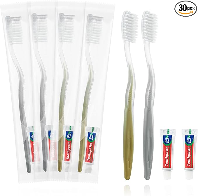 Disposable Toothbrushes with Toothpaste, Gold and Silver Toothbrush Disposable Bulk, Individually Packaged, Suitable for Hotels, Homes, Camping, and Travel (30-Pack)