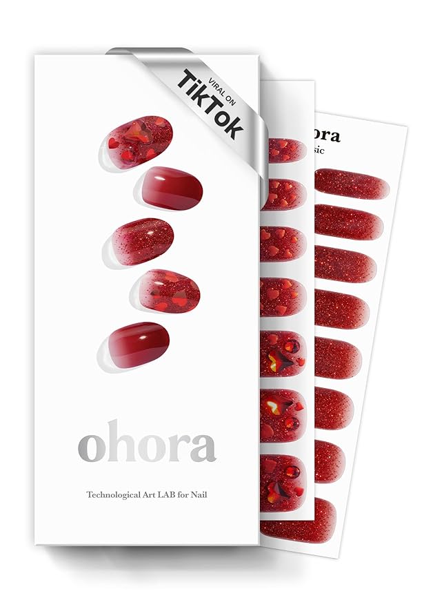ohora Semi Cured Gel Nail Strips (N Love Affair) - Red, Ombre, Works with Any UV/LED Lamps, Salon-Quality, Long Lasting, Easy to Apply & Remove - Includes 2 Prep Pads, Nail File & Wooden Stick