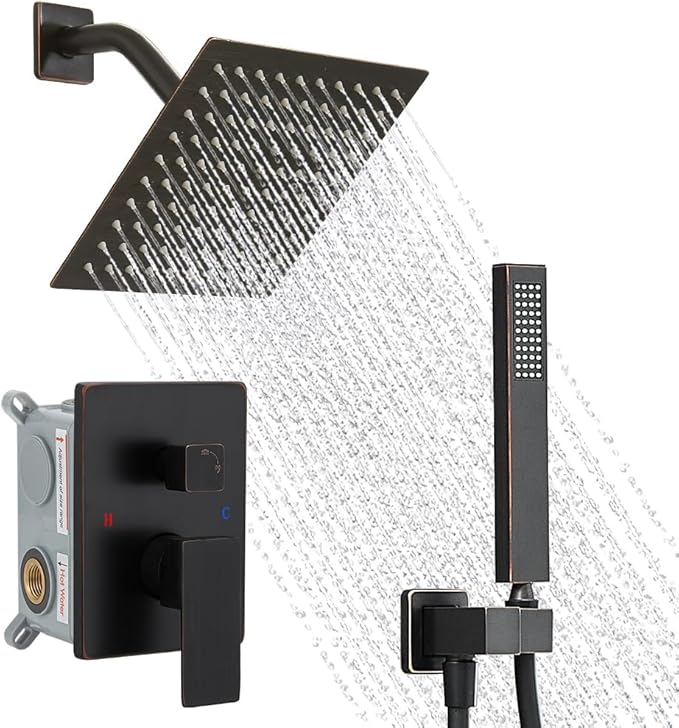 YCAIKOI Oil Rubbed Bronze Shower System, 8 Inch High Pressure Rain Shower with Handheld, Wall Mount Shower Faucet Set for Bathroom, Rough-in Valve Body and Trim Included