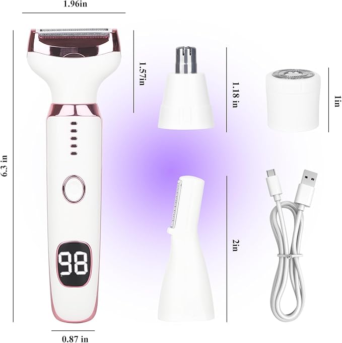 Electric Razor for Women Men,4 in 1 Painless Ladies Wet & Dry Body Razors and Facial Hair Remover,Rechargeable Led Display Hair Removal Kit for Nose Face Body Leg Bikini Arm Hair