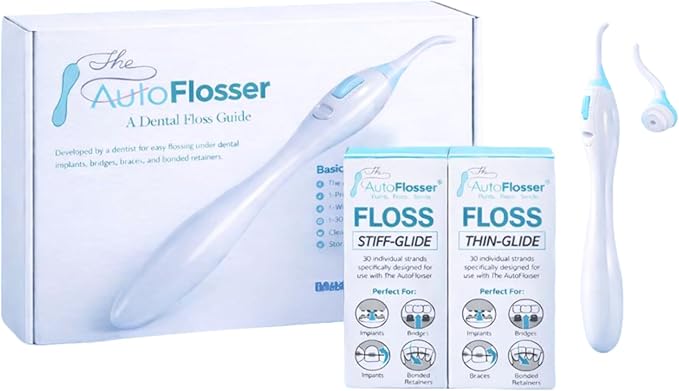 The AutoFlosser Threader Dental Floss Handle Kit - Dentist Designed Manual Flosser with Ergonomic Handle for Implants, Bridges, Braces & Bonded Retainers - Starter Kit with Stiff & Thin Glide Floss
