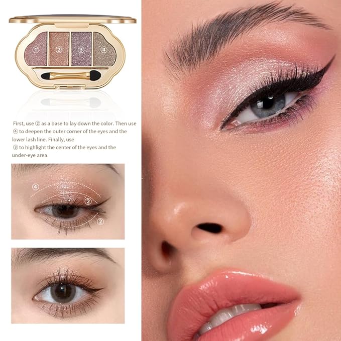 Neutral Warm Shimmer Eyeshadow Palette, Rose Gold & Champagne Taupe 4-Color Pressed Glitter Eyeshadow Set for Everyday Soft Glam, Long Lasting, Blendable Makeup Gift for Women