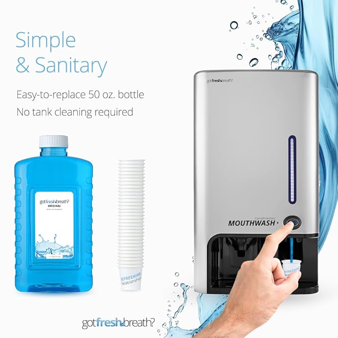 GotFreshBreath Commercial Mouthwash Dispenser with Cup Holder – Standing or Wall-Mounted, Slim, Commercial Mouthwash Dispenser with 100 Cups & 50 Oz. Alcohol-Free Mouthwash (Nickel)…