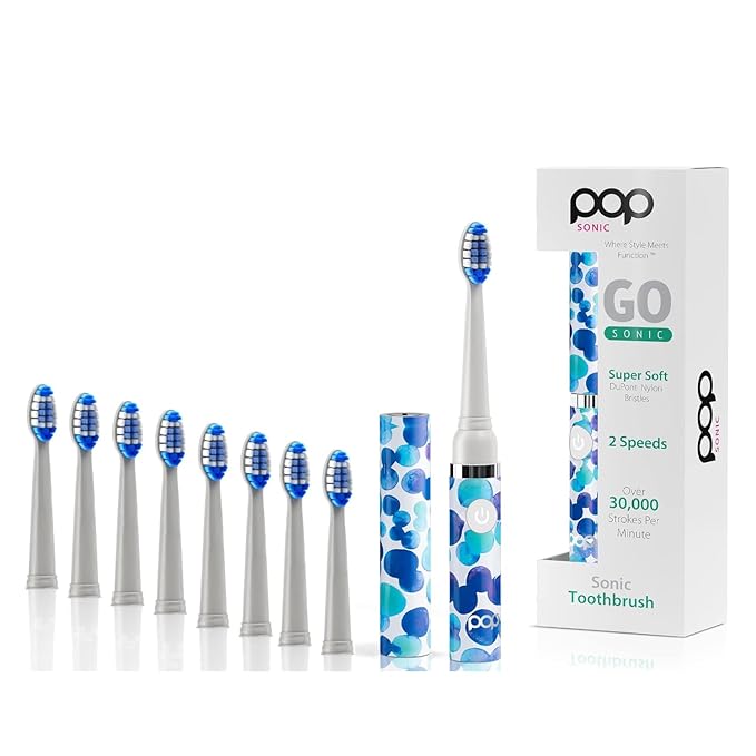 Pop Sonic Electric Toothbrush (Blue Bubbles + 8 Brush Heads) - Travel Toothbrushes w/AAA Battery | Kids Electric Toothbrushes with 2 Speed & 15,000-30,000 Strokes/Minute, Dupont Nylon Bristles