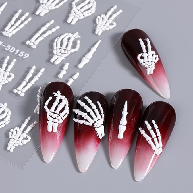 3 Sheets Halloween Nail Stickers for Nail Art 5D Embossed Halloween Skull & Skeleton Nail Art Stickers Decals Gothic Nails Design Rose Gold Hand Bone Nail Supplies for Women Holiday Nails