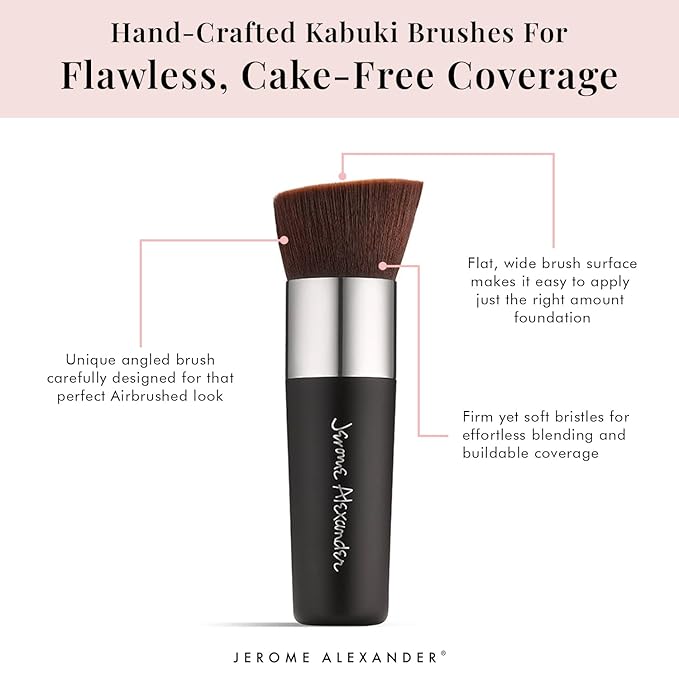 Jerome Alexander Angled Kabuki Foundation Brush (Black) - Flat Top Buffer Brush for Seamless Blending of Liquid, Cream & Powder Makeup - Buildable Coverage Without Caking - Pro Vegan Bristles
