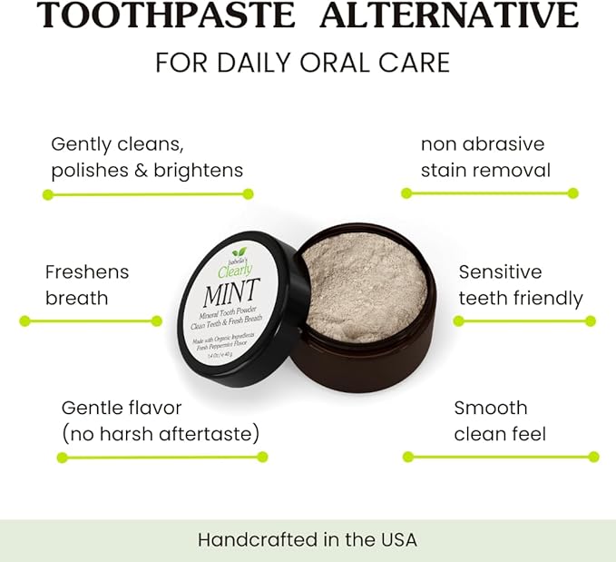 Isabella's Clearly Mint Remineralizing Tooth Powder - Natural Fluoride Free Toothpaste for Adults, Teeth Whitening, Xylitol, Baking Soda, Clay, Calcium