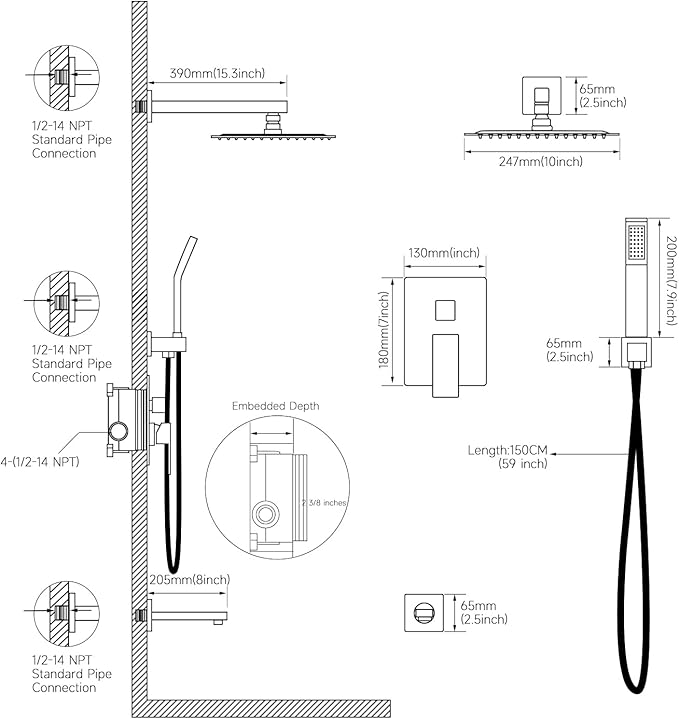 POPFLY 3-Function Shower Faucet Set – 10 Inch Rainfall Shower Head, Handheld Spray & Tub Spout, Brushed Nickel Wall Mounted Bathroom System with Solid Brass Valve & Trim Kit