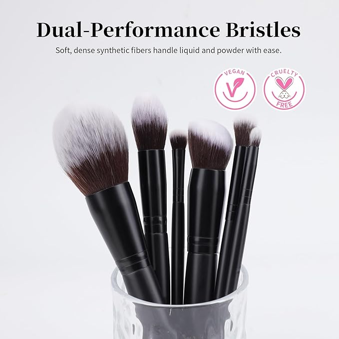 Premium Synthetic Makeup Brushes 6Pcs Makeup Brush Set for Powder Foundation Contour Blush Hightlight Eyeshadow Blending & Concealer, Cruelty-Free