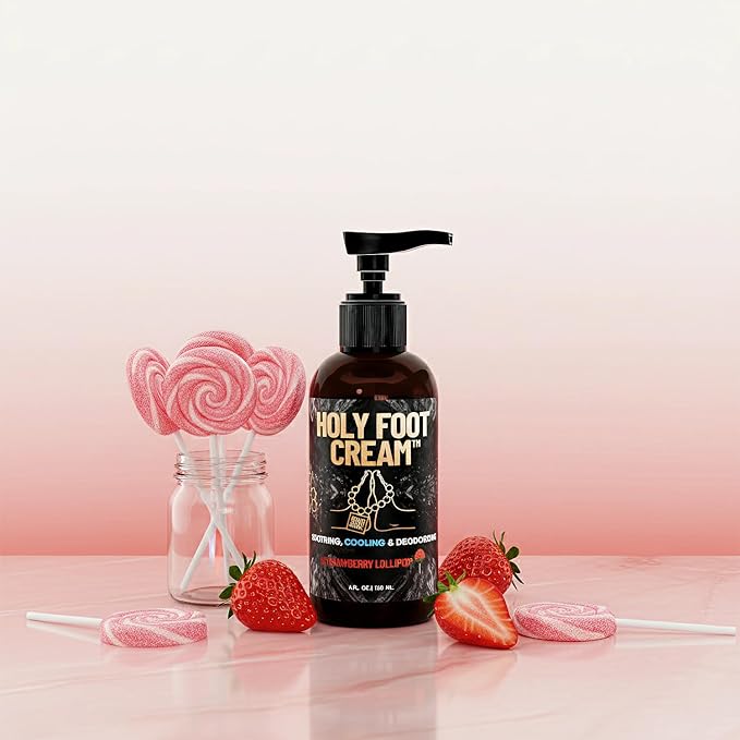 Derm Dude Holy Foot Cream | Daily Moisturizing Foot Cream with DeoPlex for Freshness & Arrowroot for Lightweight Hydration | Strawberry Lollipop Scent 4oz
