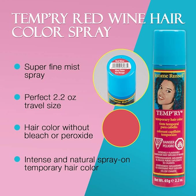 Jerome Russell Spray-On Temporary Vivid Hair Color - Red Wine Intense, Fast-Drying, Non-Sticky, Travel Size Hair Dye, 2.2 oz