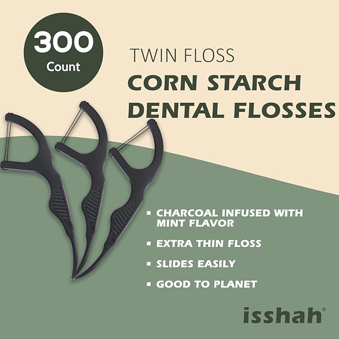 Natural Dental Floss Picks (300 Count) - Kraft Paper Box Packaging, Plant Based, PETA Approved Vegan, Eco Friendly, Sustainable Dental Flossers - Twin Floss (Charcoal)