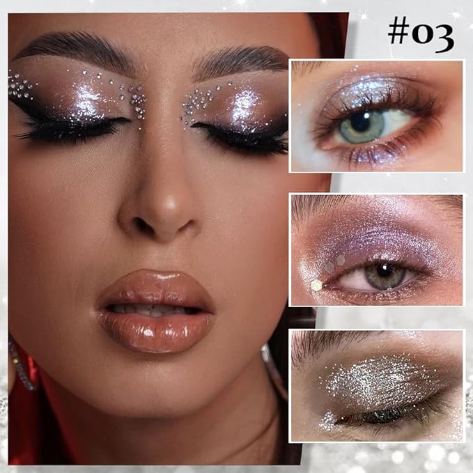 Shiny Shimmer Highlight Eyeshadow Palette, Cream Sparkling Glitter Metallic Powder Quad, Day to Night Champange Gold Silver Brown White Smoky sombras de ojos, Party Cosmetics (Ice flash-Shimmer-03#)