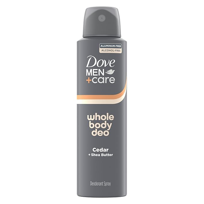 DOVE MEN + CARE Whole Body Deo Aluminum Free Deodorant Spray Cedar + Shea Butter Suitable from Pits, Privates, to Feet with Vitamin E 4 oz