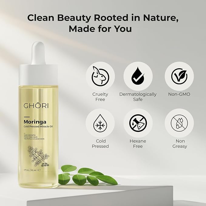 Moringa Cold Pressed Miracle Oil | Hair Growth | Frizz Control | Clear Skin | Rich in Antioxidants & Vitamins | 2 fl oz / 59ml