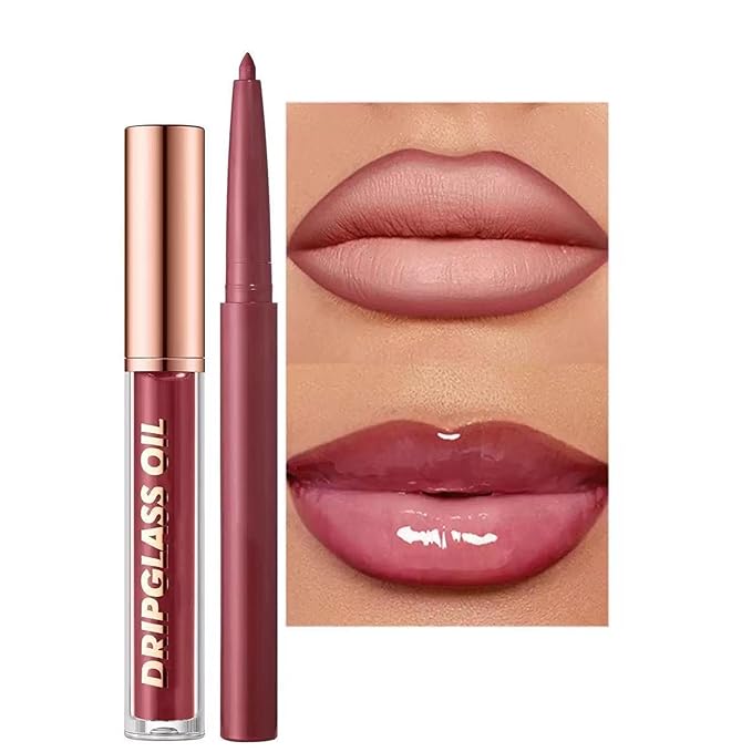 Dark Red Lip Gloss Lip Liner Set, Lip kit with Lip Oil Lip Liner, Lip Plumer Gloss lip liner Pencil Waterproof Long Lasting Smudgeproof (12# dark red)