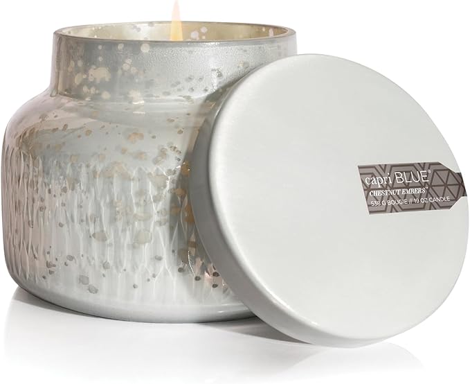 Capri Blue Holiday Mercury Jar Candle - Soy Candle Blend - Fall Candles for Home Scented with Roasted Chestnut, Orange & Cardamom - Chestnut Candle for Fall Decor - Signature (Chestnut Embers, 19 oz)