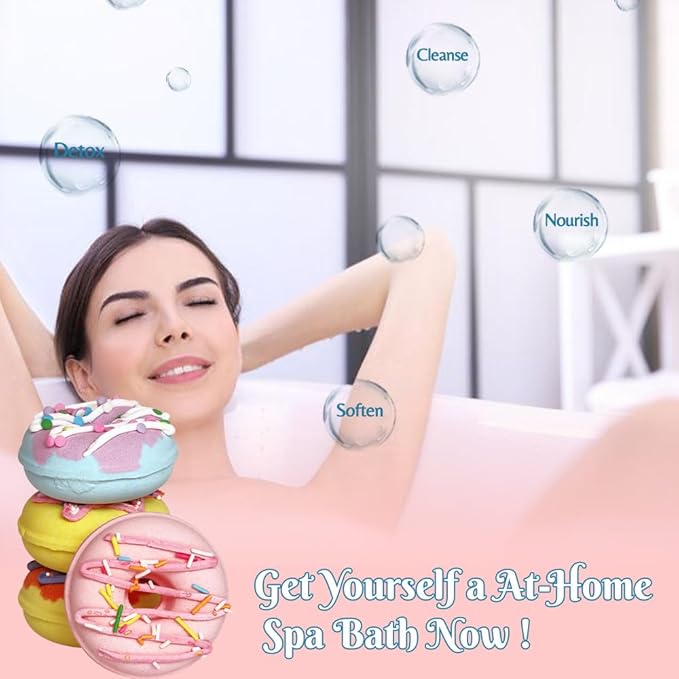 KAV Donut Bath Bombs Gift Set – 4 Piece Handmade Organic Bath Bomb Kit with Essential Oils – Relaxation Spa Gift for Women, Men, Teens, Kids – Self Care & Aromatherapy Soak