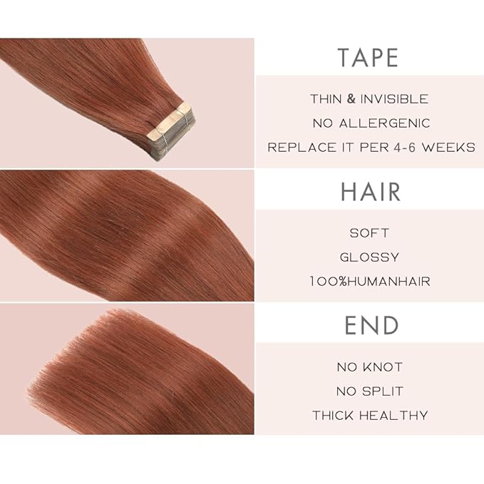 Tape in Hair Extensions Human Hair Auburn Brown Remy Hair Extensions 20pcs 14 Inch Straight Invisible Human Hair Tape in Extensions Skin Weft Tape Extensions Human Hair (#A33,14 Inch)
