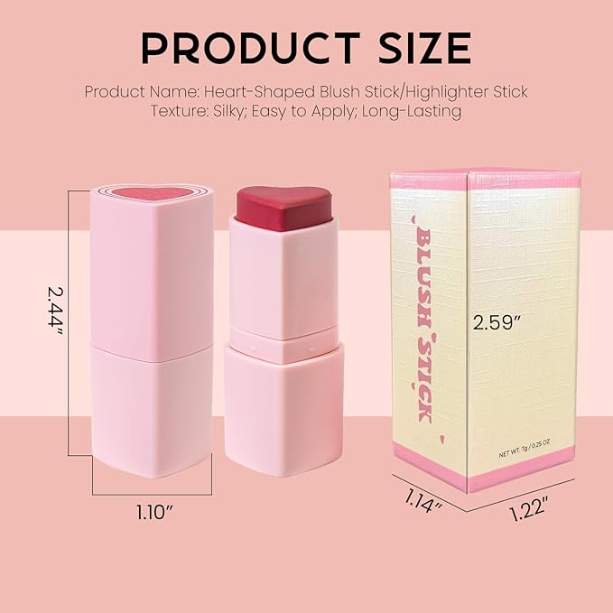 Blush Stick for Cheeks, Cream Blush with Heart-shaped, Candy Rose