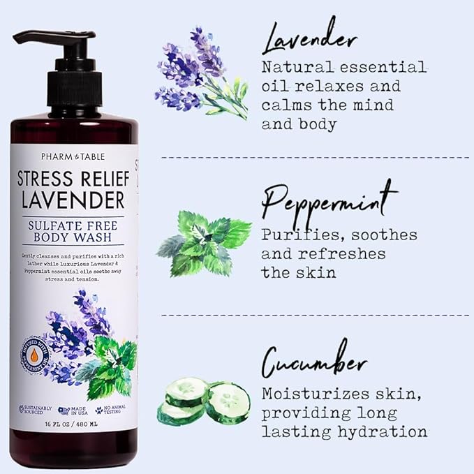 PHARM TO TABLE Stress Relief Lavender Body Wash for Women and Men Softens and Soothes the Skin, Sulfate Free, 100% Cruelty Free, 480ml