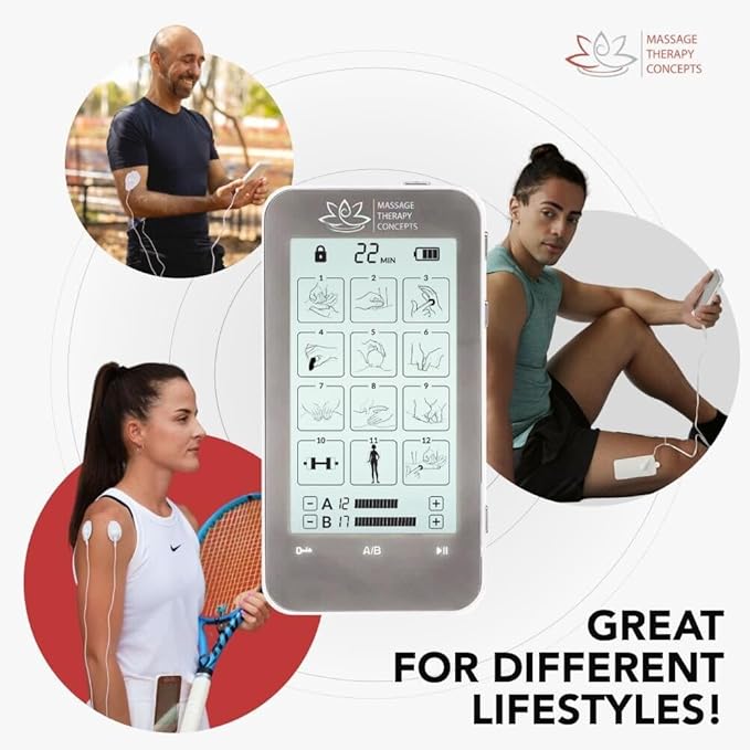 Massage Therapy Concepts TENS Unit with Medical Grade Dual Channel - Professional Tens Machine for Chronic Pain Relief - EMS Muscle Stimulator with 12 Modes and 20 Levels