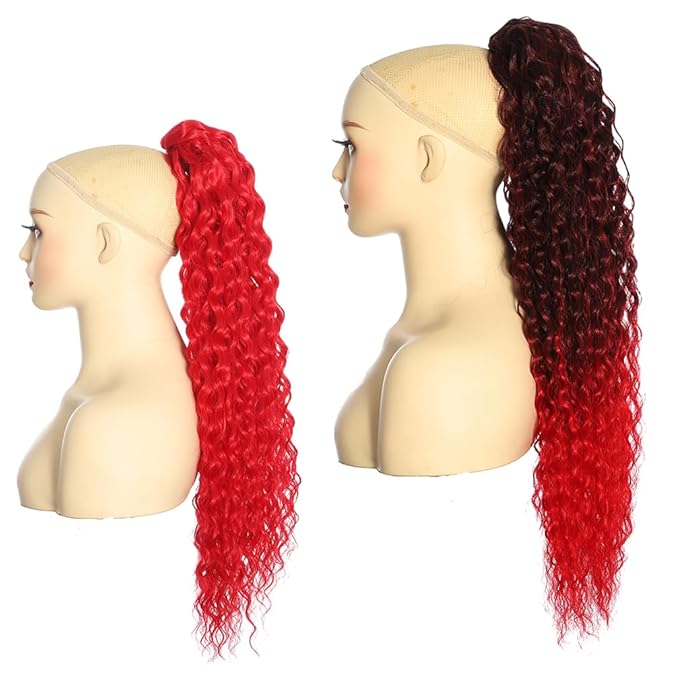2 Pcs Deep Wave Ponytail Extension for Women 12 Inch Curly Wavy Ponytail Hair Extensions Drawstring Ponytail with Clips Short Synthetic Hairpiece for Daily and Party (Red&1B/Red)