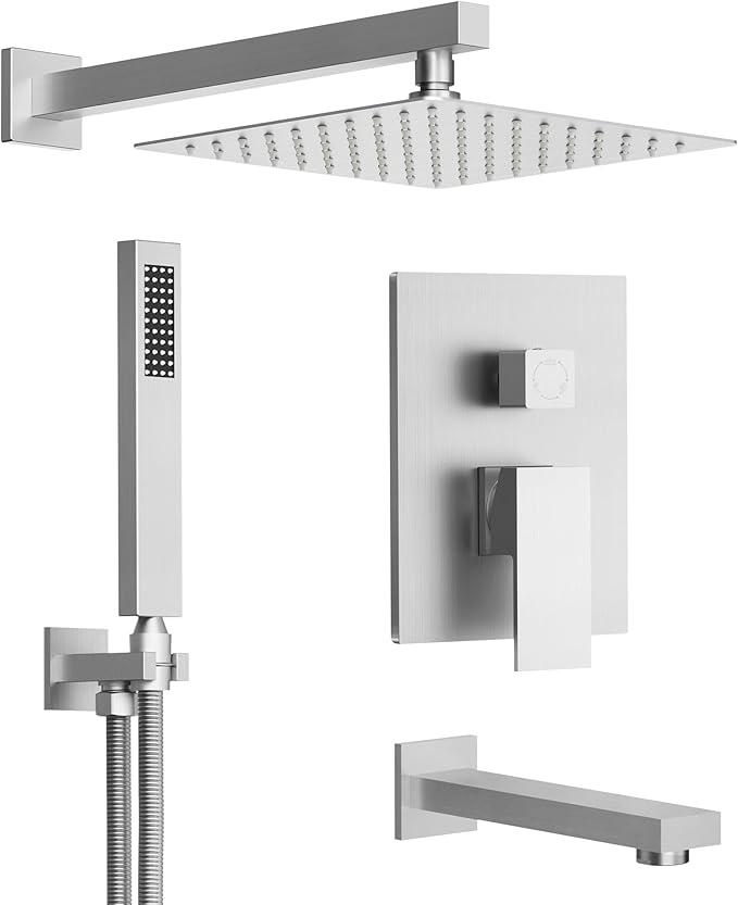 GRANDJOY 10" Shower Faucet Set with Tub Spount, High Pressure Rainfall Shower Head and Handheld Sprayer Combo, Bathroom Tub Shower Faucet Set, Brushed Nickel