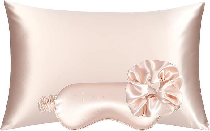 KISMETICS - Vegan Silk Sleep Set, Vegan Silk Pillowcase with Large Scrunchie and Eye Mask for Hair and Skin, Self Care Essential Satin Night Routine Kit (Light Pink Color)