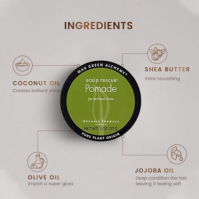 MGA Vegan Hair Pomade - Scalp Rescue Organic Formula for Nourishing Hair | Unisex Hair Product Provides Essential Oils, Brilliant Shine, Deep Hair Conditioning & Prevents Split Ends | Color Safe 2 OZ