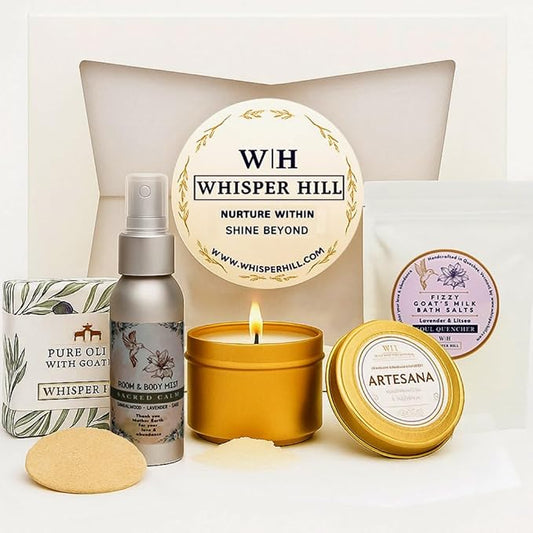 WHISPER HILL End-of-Year Gift Box – Ready to Give Spa Gift Set for Women | Made in Vermont | Natural Candle, Goat Milk Soap, Bath Salts, Room Mist & Loofah | Skin & Spirit Collection
