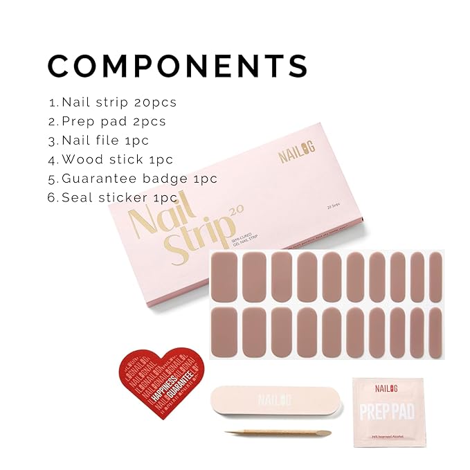 Semi Cured Gel Nail Strips - NAILOG 20 Pcs Dark Brown Nail Stickers Extra Long Wraps with Glossy Gel Finishing for Autumn Winter, Heather