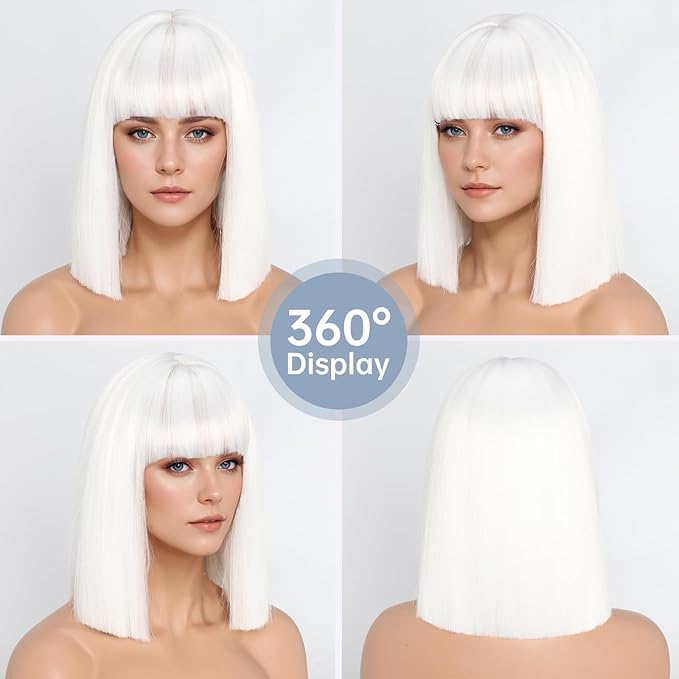 White Wig With Bangs Short Bob Straight Wigs for Women Shoulder Length White Natural Looking Synthetic Heat Resistant Fiber Wigs for Halloween Costumes Cosplay Daily Use(12 Inch)
