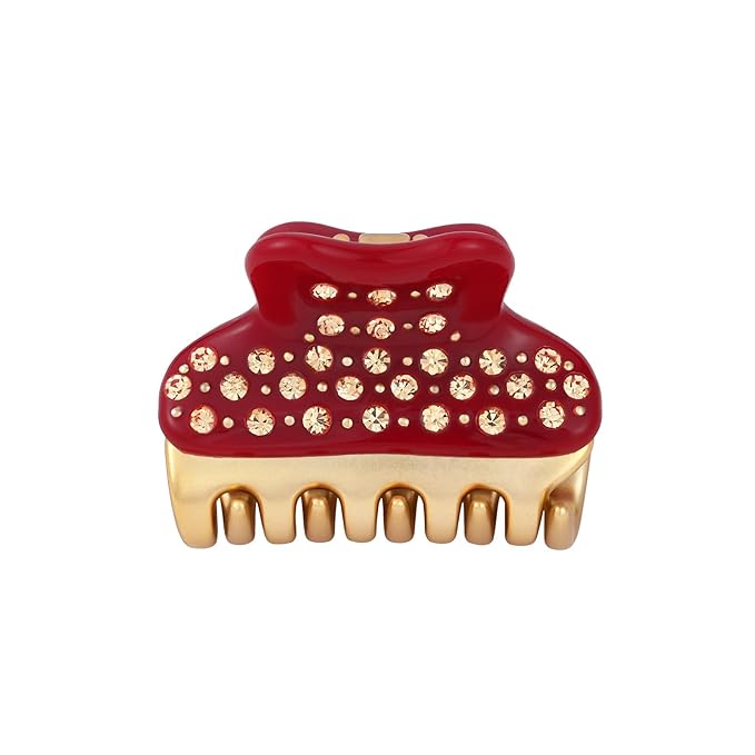18K Gold Plated Small Claw Clips - 1.7 Inch Cute Rhinestone Hair Clips for Women Girls Thick Thin Hair, Premium French Hair Accessories for Half-Up, Birthday Valentine's Gift for Her, Red
