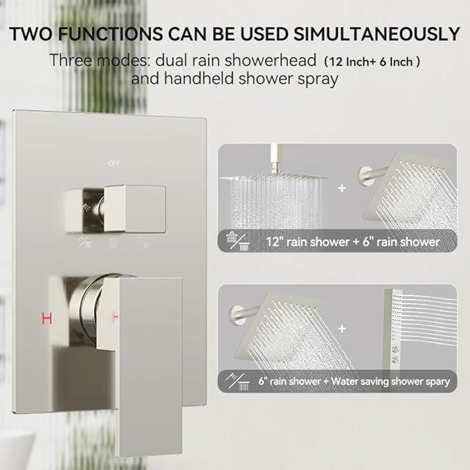 Rain Shower System Brushed Nickel,STARBATH Ceiling Mount 12'' Rain Shower Head and 6'' Rainfall Shower Head with Handheld Spray, 3 Way Shower Faucet Set with 5 Diverter and Trim Kit Complete