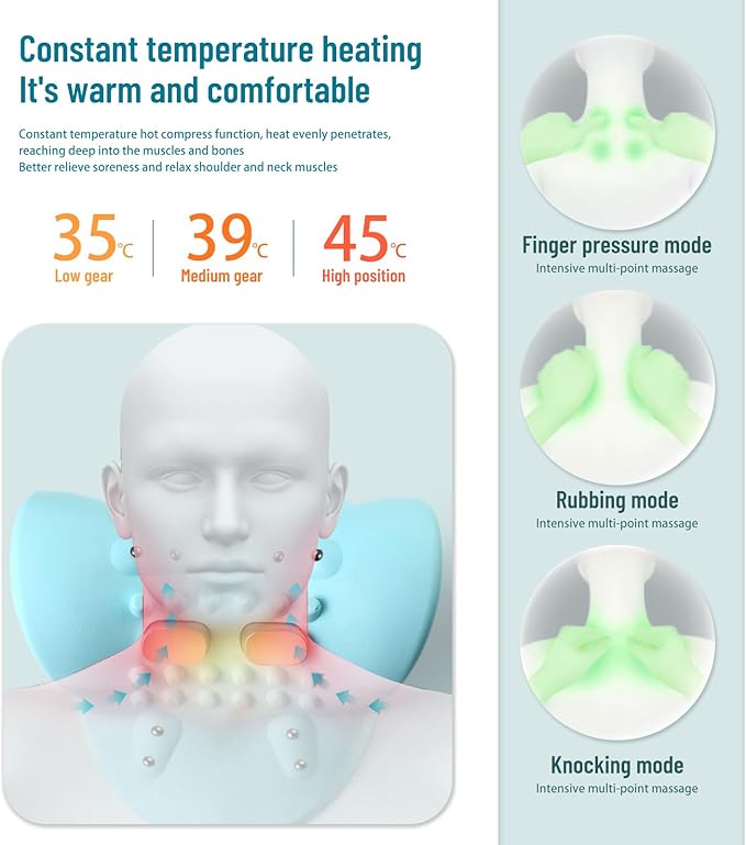 Neck Massager,Masajeador de Cuello,3 Modes Portable Neck and Shoulder Relaxer,Electric Pillows with Heat,26° Angle Cervical Traction Device,for Pain Relief and Muscle Relaxation