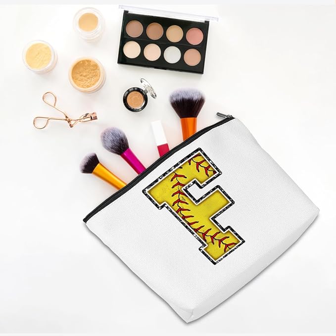 CQM Softball Gifts Initial Makeup Bag Monogrammed Cosmetic Bag Yellow Letter F Zipper Pouch Softball Accessories for Girls Women Player Coaches Friend Graduation Birthday Gifts
