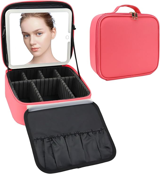 SLUMAZI Travel Makeup Bag with LED Mirror Travel Makeup Organizer with 3 Lighted Settings, Adjustable Dividers and Makeup Brush Storage Bag Light Red