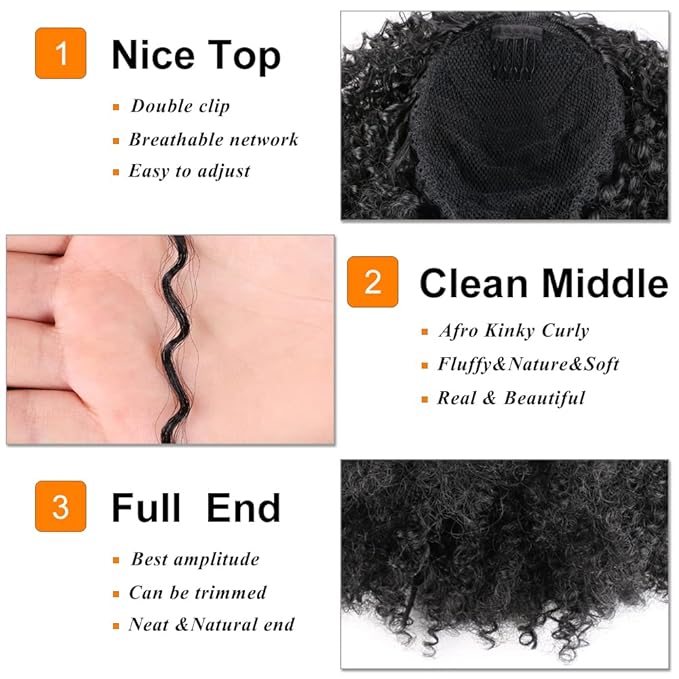 Drawstring Ponytail Afro Kinky Curly Ponytail for Black Women Short Wave Synthetic Ponytail Hair Extension (Black Brown #2)