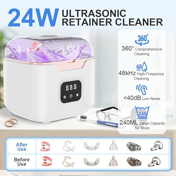 Ultrasonic Retainer Cleaner Machine, 48kHz Ultrasonic Dentures Cleaner with Timer & 4 Modes, 240ML Dental Pod for Mouth Guards, Braces, Aligner, Toothbrush, Jewelry, Makeup tool (White)