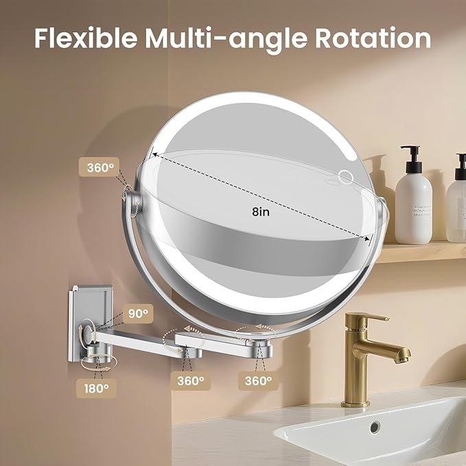 Wall Mounted Makeup Mirror with Lights, 8-inch 20X/1X Magnifying Mirror, Rechargeable LED Vanity Mirror with 3 Color Lights, 360° Swivel & Extendable Arm