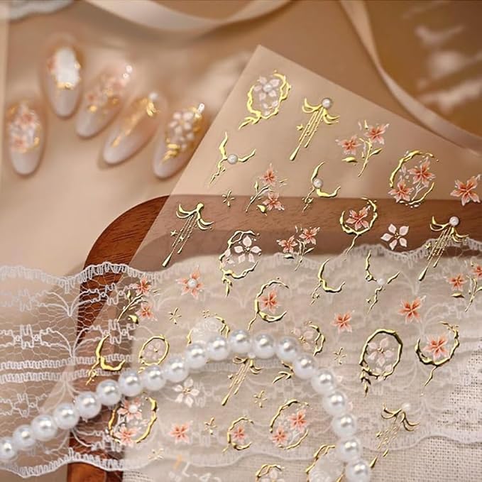 Gold Flower Nail Stickers Spring Nail Stickers for Nail Art 5D Embossed Pearl Gold Edge Petals Nail Decals Spring Summer Flower Nails Supplies for Women DIY Nail Art Decorations