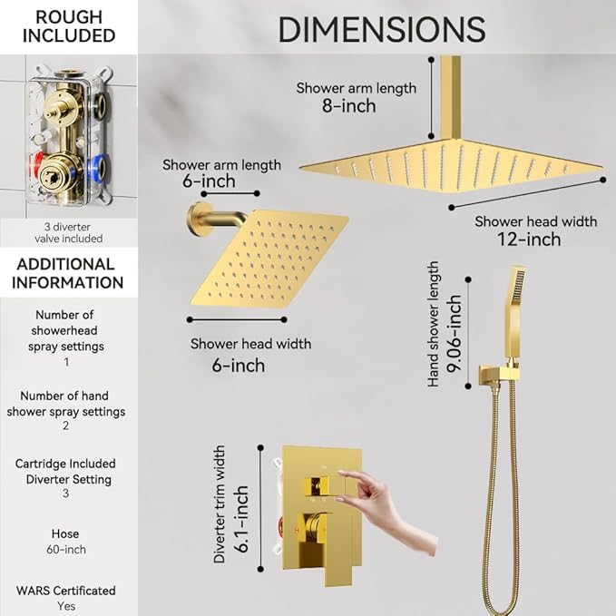 Brushed Gold Shower System, STARBATH 12+6" Rain Shower Head and Handle Set Ceiling Mount, Rainfall Shower Faucet Set Complete with 3 Way Shower Valve with 5 Diverter and Trim Kit