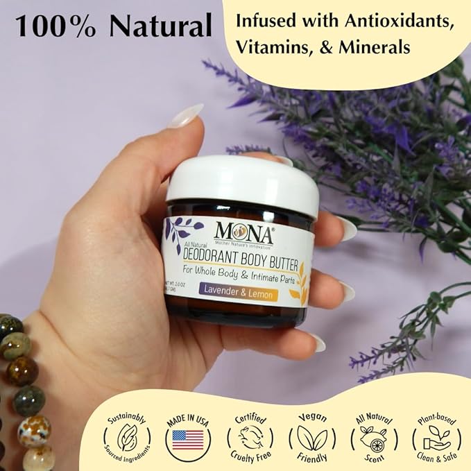 MONA BRANDS All Natural Deodorant Body Butter for Whole Body & Intimate Parts | Deodorant Cream for Women, Men, and Teens | Aluminum Free | Lavender & Lemon 2 oz
