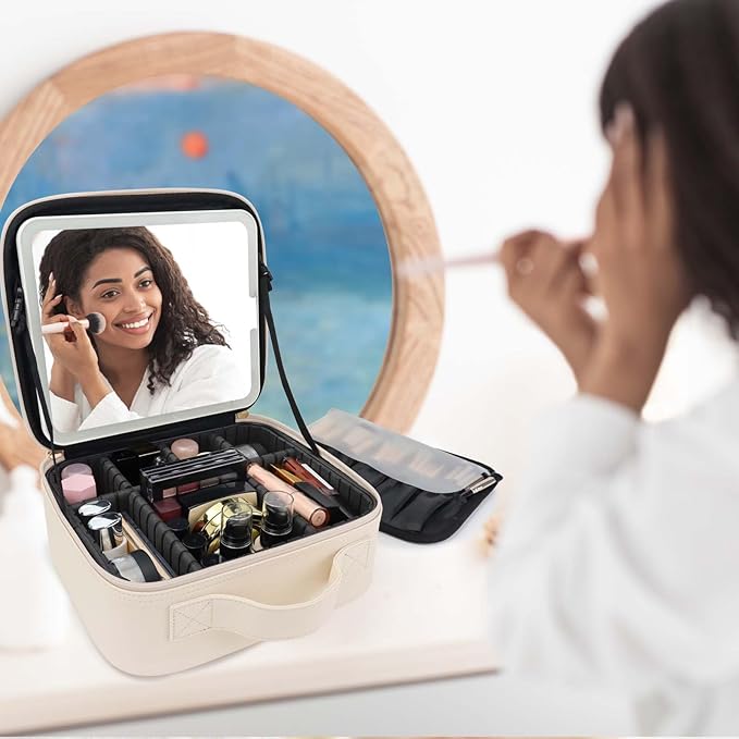 SLUMAZI Travel Makeup Bag with LED Mirror Travel Makeup Organizer with 3 Lighted Settings, Adjustable Dividers and Makeup Brush Storage Bag White