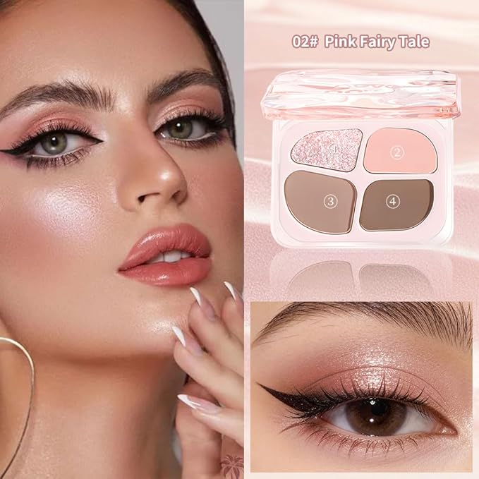 Pink Nude Mini Eyeshadow Palette – 4-Color Baby Pink & Rose Taupe Matte Shades with Pink Crystal Glitter, High Pigment Long-Lasting Blendable Warm Brown Soft Glam Eye Shadow for Daily Natural Makeup
