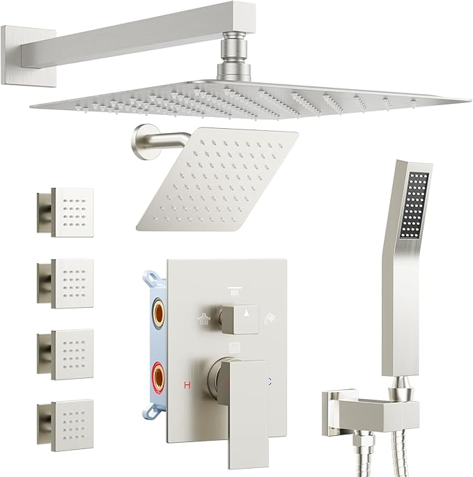 Shower Systems with 4 Body Spray Jets, STARBATH 4 Way 12+6" Rainfall Shower Head with Handheld Combo, Wall Mounted Shower Jets System in Wall Shower Faucet Sets Complete, Brushed Nickel